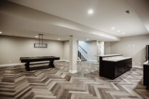 Finished basement with bar in new custom home located in western Ohio.