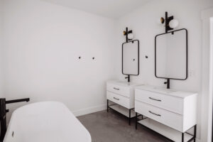Bath with his and hers vanity in custom home located in western Ohio.