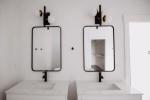 Bath with twin vanities in custom home located in western Ohio.