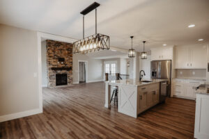 Kitchen and great room in new custom home located in western Ohio