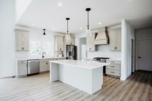 Gray modern kitchen in custom home located in western Ohio.
