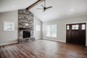 Great room with fireplace in custom home built in western Ohio.