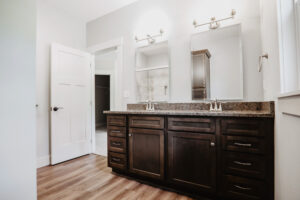 Double sink vanity in bath for custom home built in western Ohio.