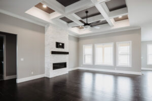 Great room with vaulted ceiling in modern custom home built in western Ohio.