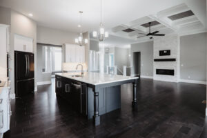 Kitchen and great room in modern custom home built in western Ohio.