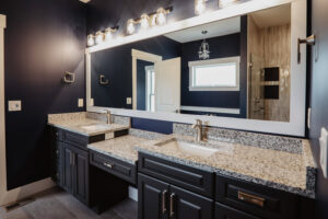 Vanity with dressing table in custom home located in western Ohio.