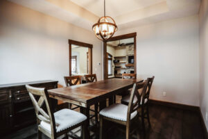 Dining room with vaulted ceiling in modern custom home built in western Ohio.