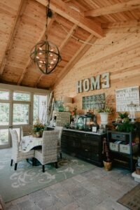 Timber frame sunroom of custom home in western Ohio