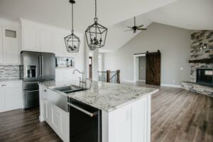 Kitchen and family room of custom home in western Ohio